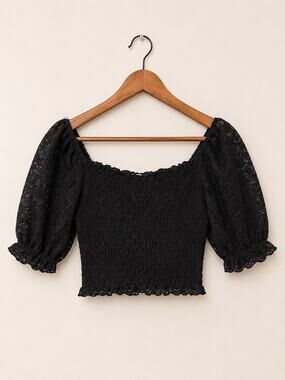 Philosophy Black Lace Crop Top Smocked Square Neck Puff Sleeve Cottagecore Sz S